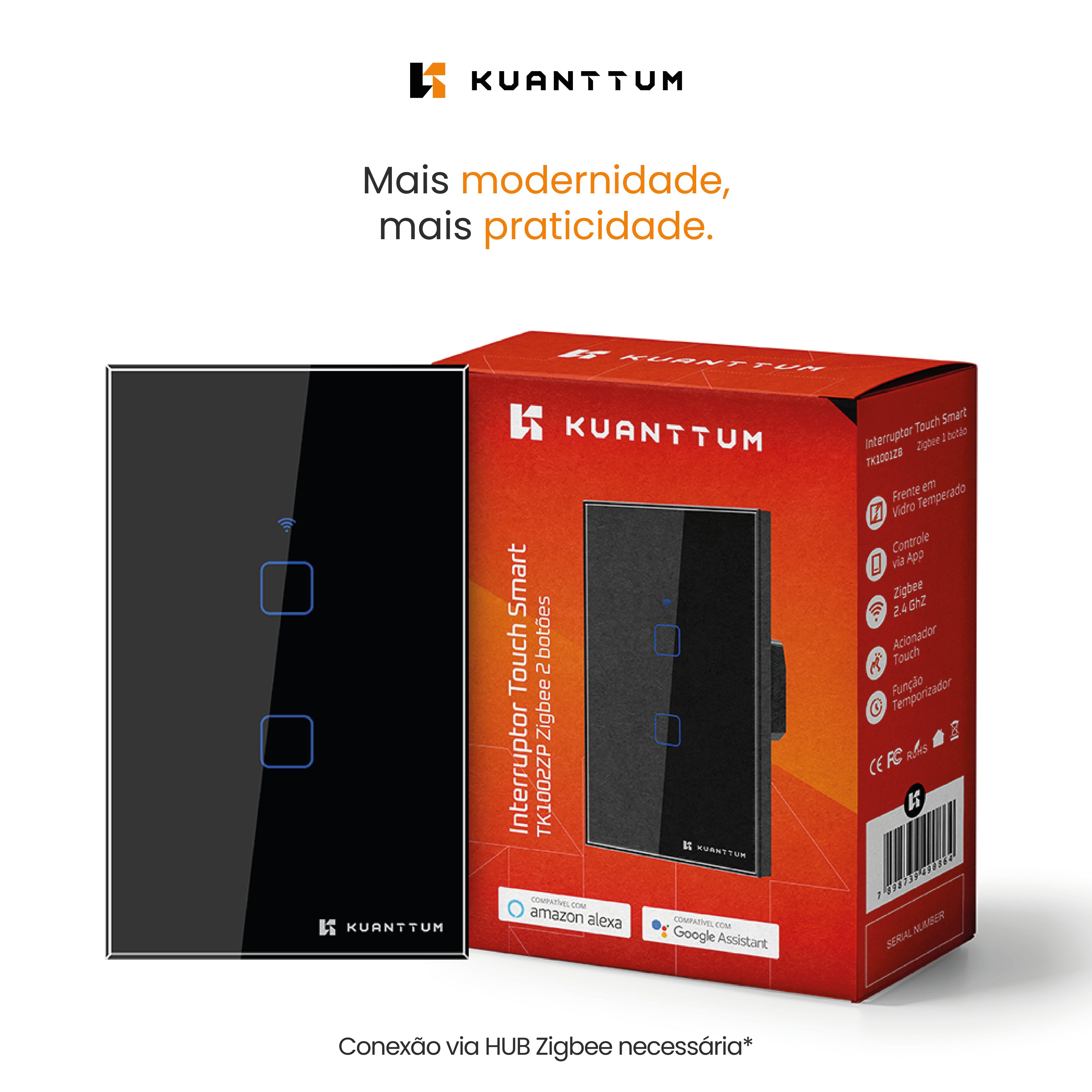 Interruptor Smart 2 Teclas Kuanttum Zigbee Preto