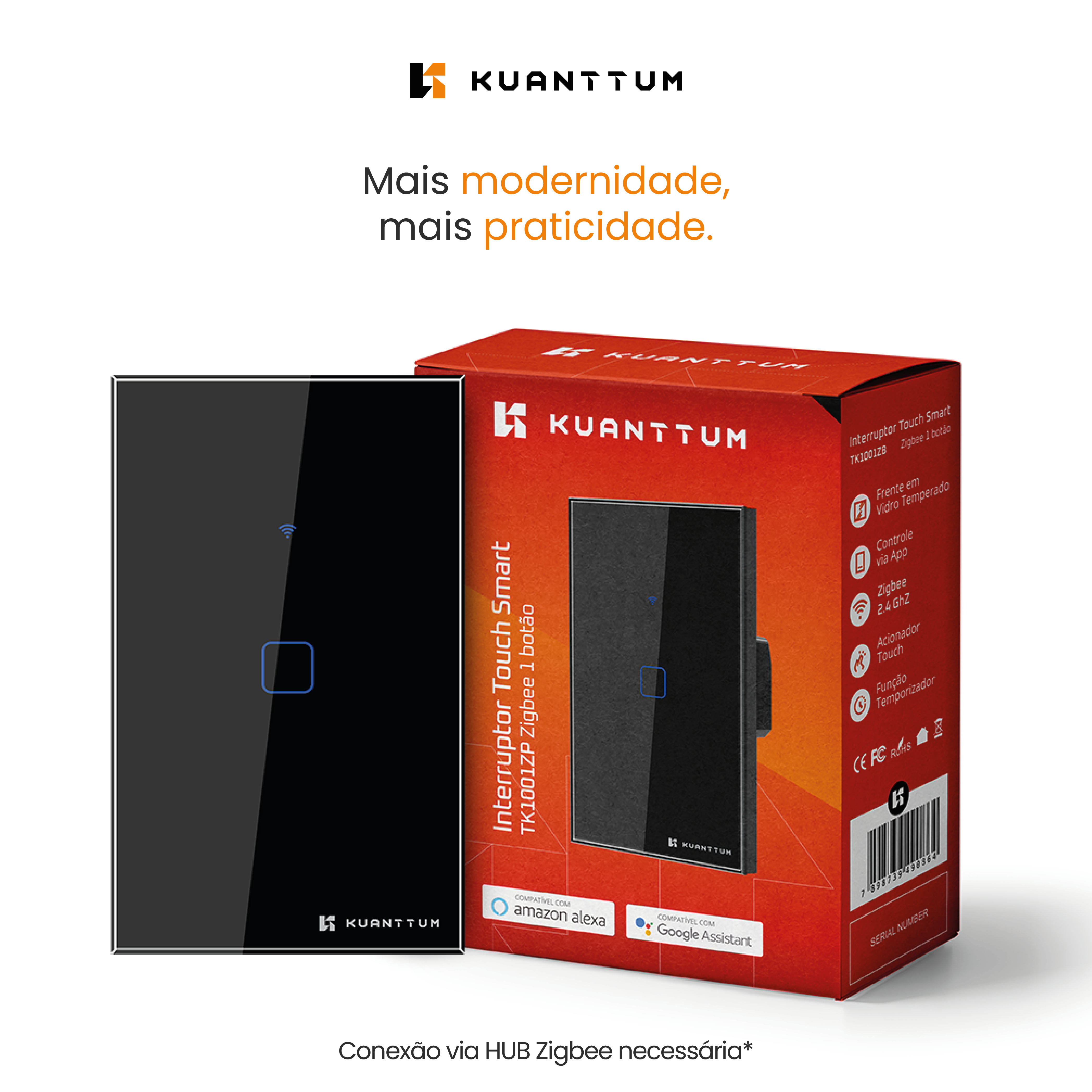 Interruptor Smart 1 Tecla Kuanttum Zigbee Preto