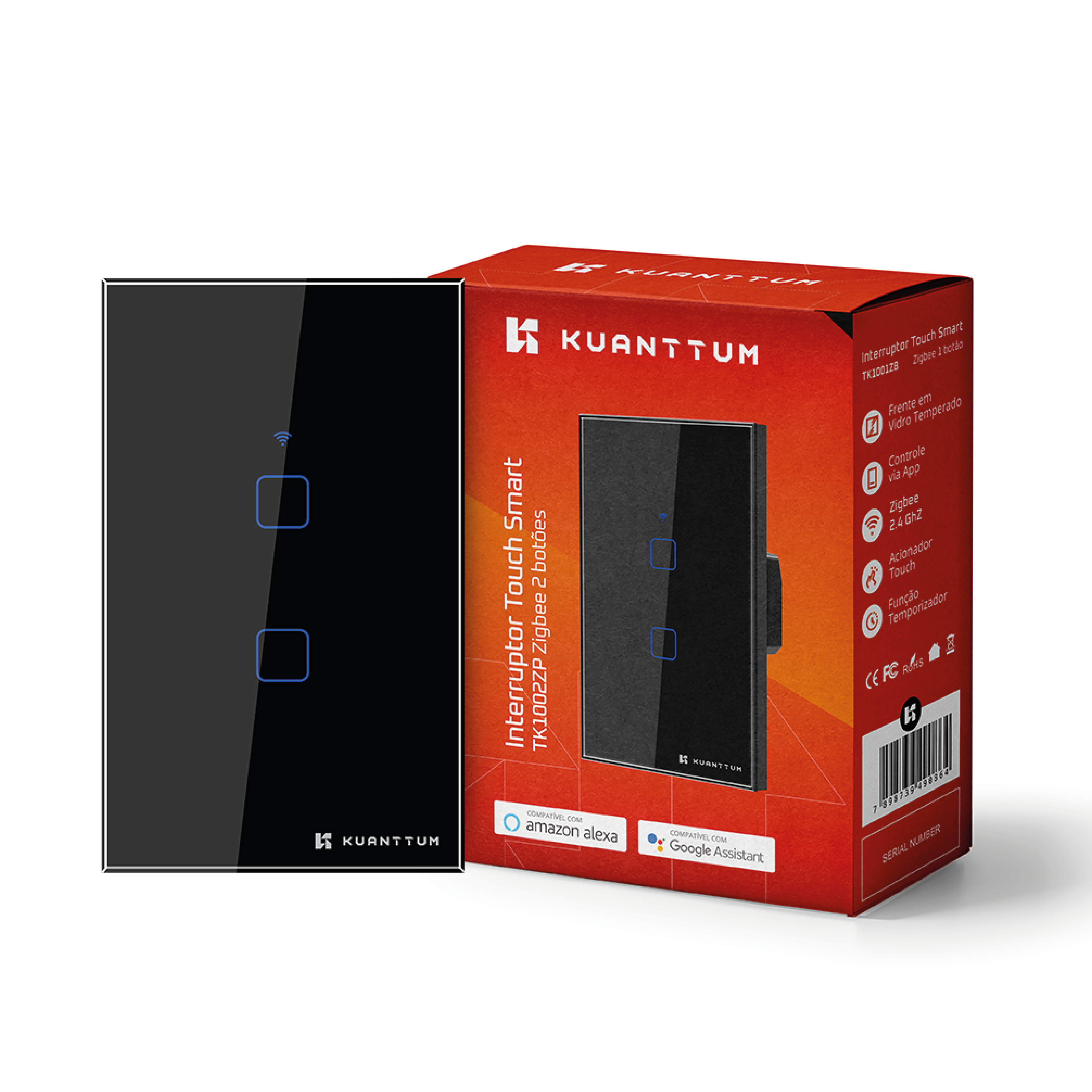 Interruptor Smart 2 Teclas Kuanttum Zigbee Preto