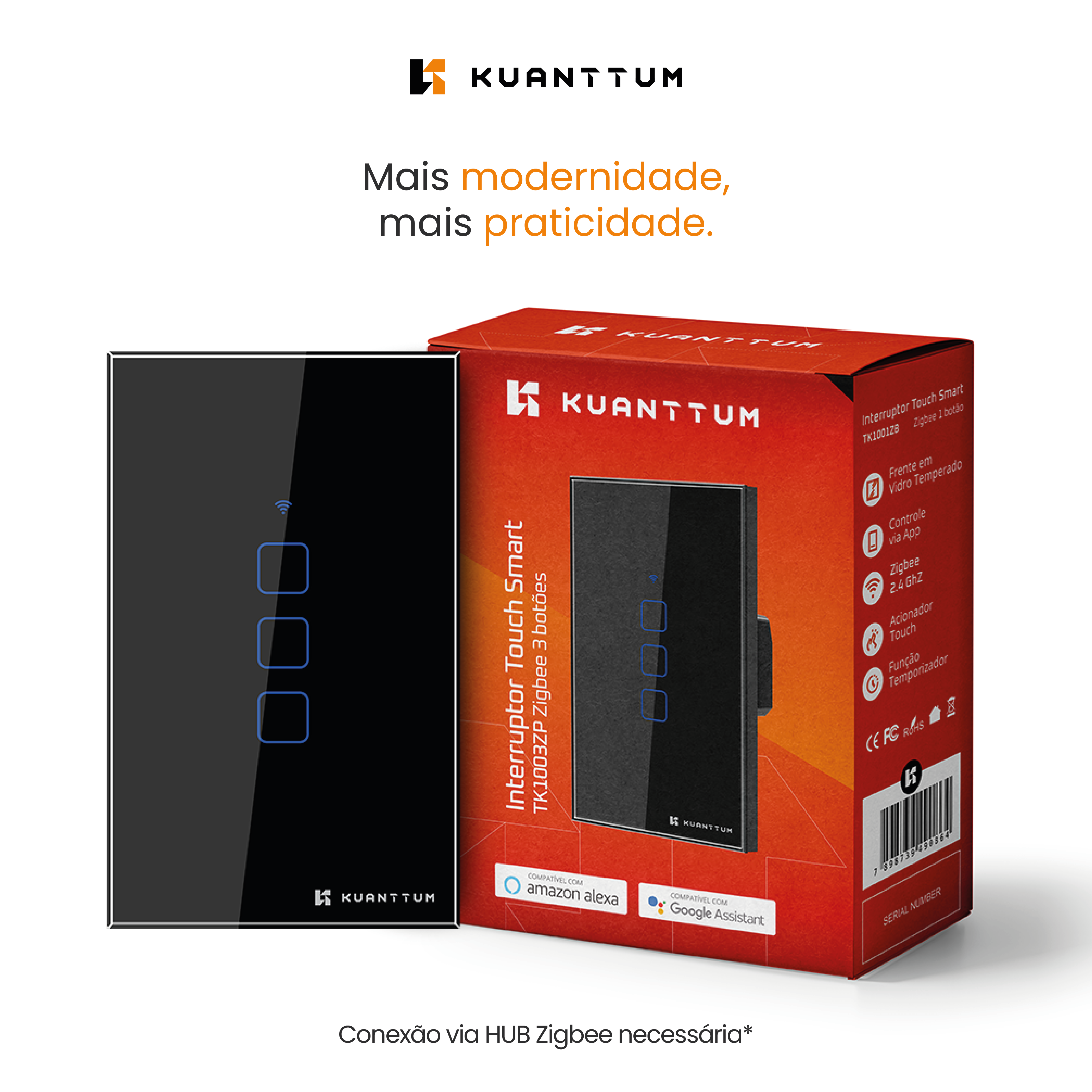 Interruptor Smart 3 Teclas Kuanttum Zigbee Preto