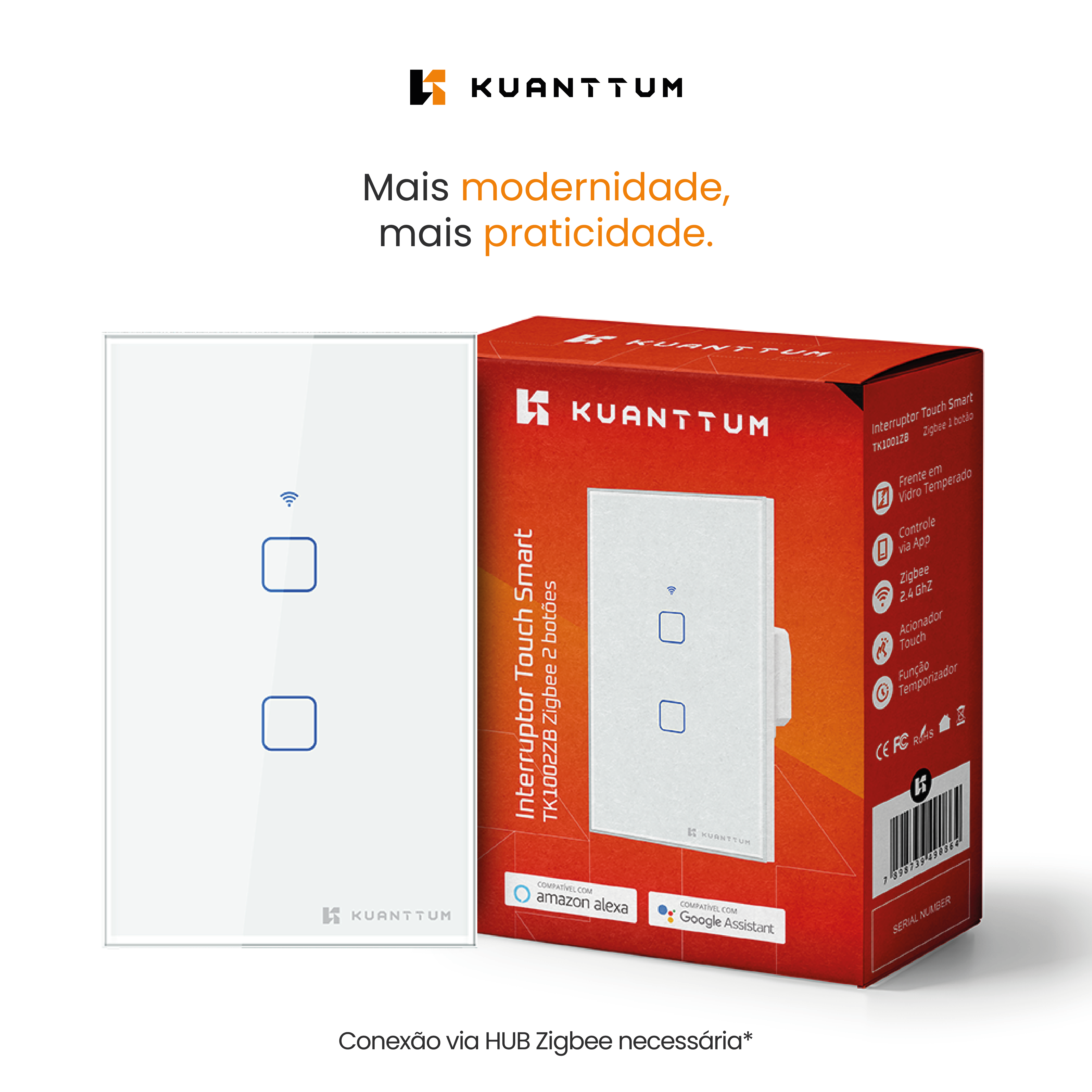 Interruptor Smart 2 Teclas Kuanttum Zigbee Branco