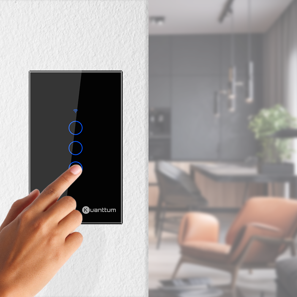 Interruptor Touch 3 Botões Wi-Fi Kuanttum TK1003P Preto